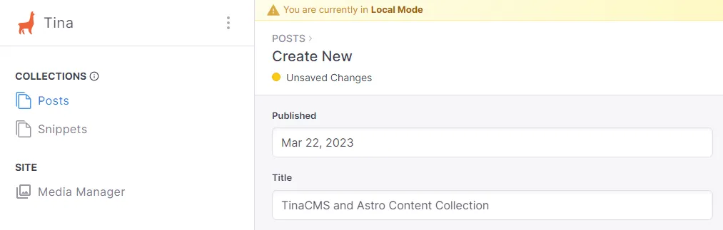New TinaCMS instance: creating a post